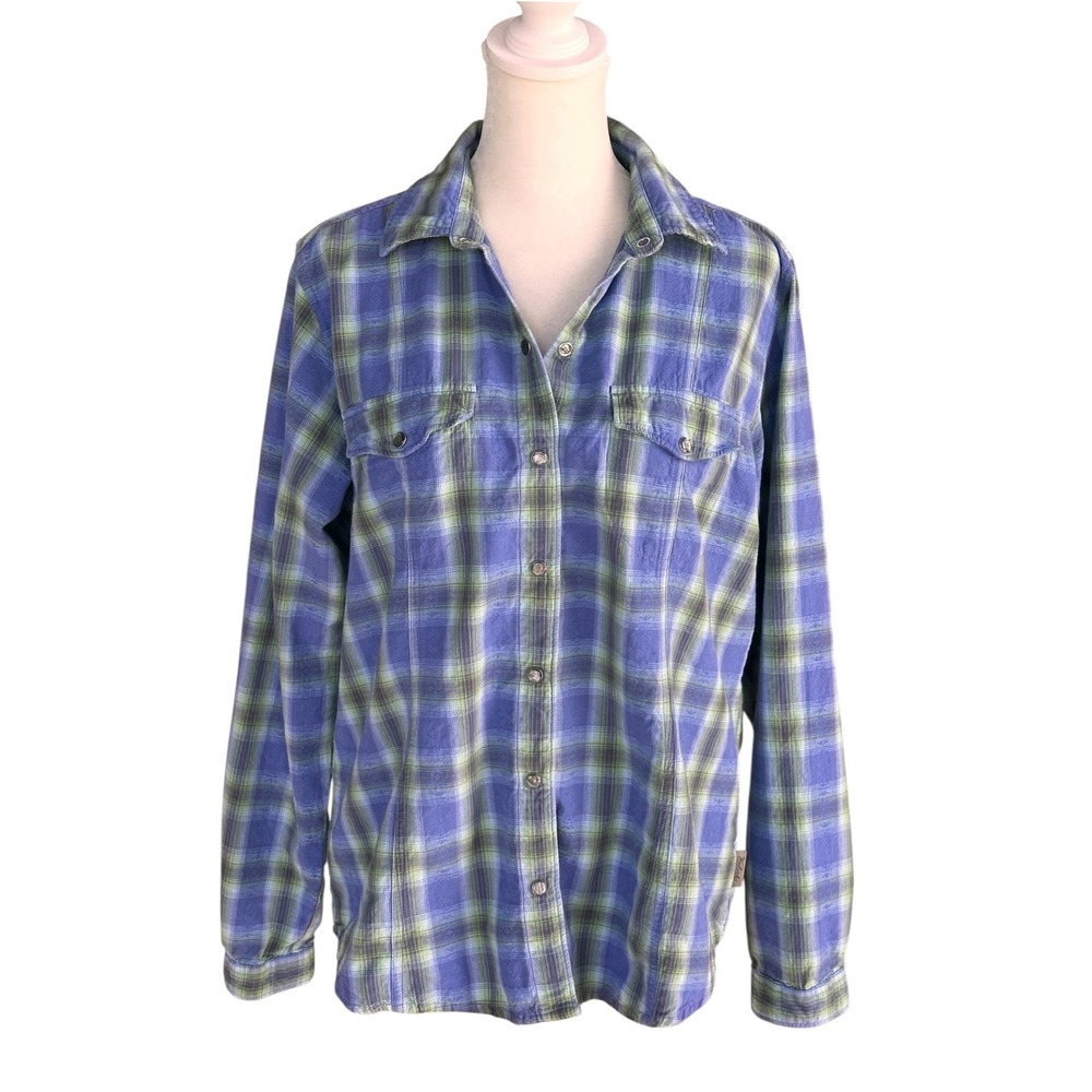 Woolrich Women's Snap Front Western Shirt Blue Green Plaid Cotton Dobby Medium